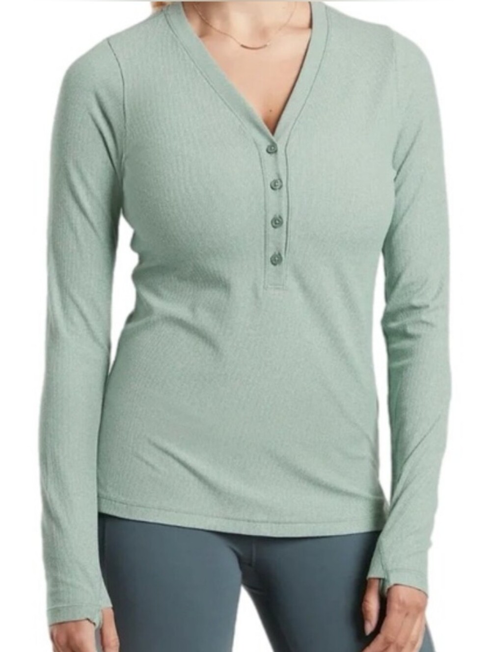 Athleta Uptempo Ribbed Long-sleeve Henley Top V-neck Button Down Sage Green Sm